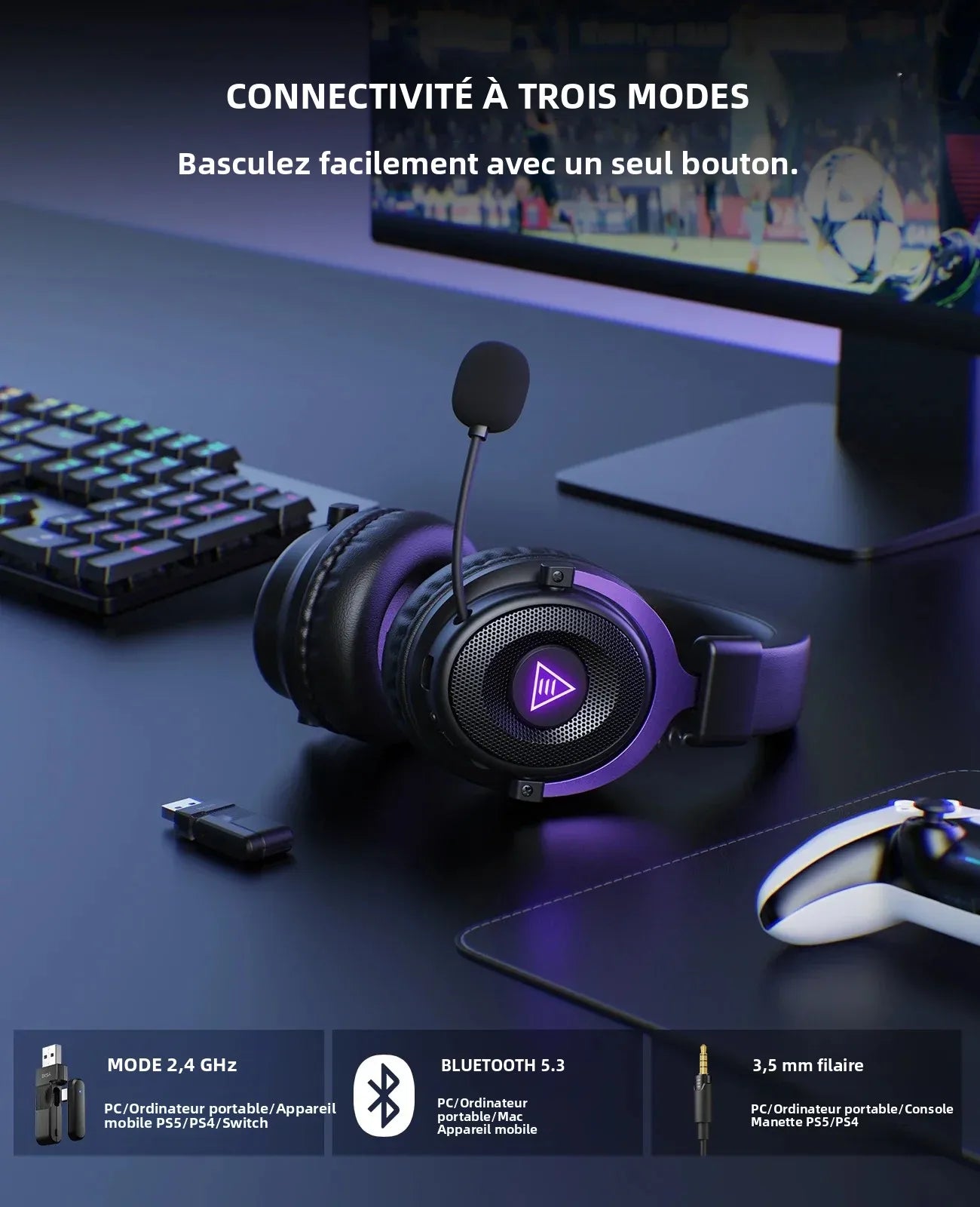 OneOdio EKSA E900 WT Wireless Gaming Headset Tri-Mode Bluetooth 5.3, 2.4GHz RGB Gaming Headset with Noise Cancelling Mic, 80H Battery for PC, PS5, PS4