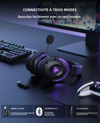 OneOdio EKSA E900 WT Wireless Gaming Headset Tri-Mode Bluetooth 5.3, 2.4GHz RGB Gaming Headset with Noise Cancelling Mic, 80H Battery for PC, PS5, PS4