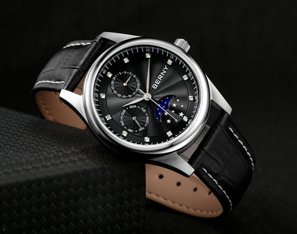 BERNY Men Watch Date Weeks Moon Phase Quartz Watches for Men Stainless Steel Leather Strap Business Wristwatch Male Clock