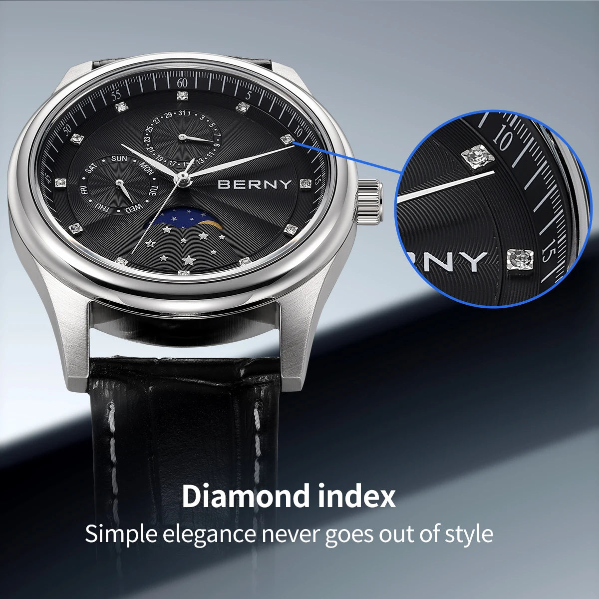 BERNY Men Watch Date Weeks Moon Phase Quartz Watches for Men Stainless Steel Leather Strap Business Wristwatch Male Clock