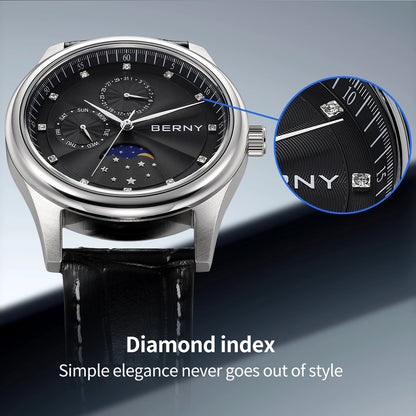 BERNY Men Watch Date Weeks Moon Phase Quartz Watches for Men Stainless Steel Leather Strap Business Wristwatch Male Clock