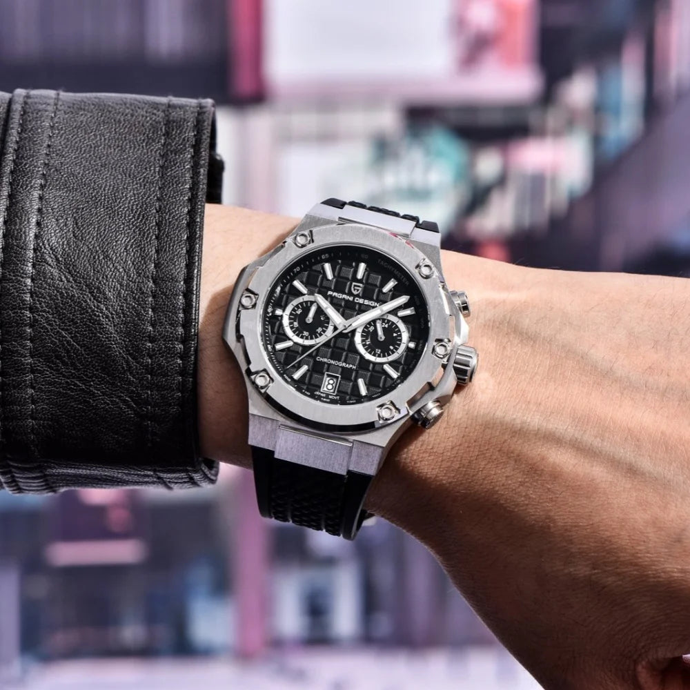 PAGANI DESIGN PD-YS032 Men's Quartz Watch 44mm Japan VK64 Movt Stainless Steel Case Rubber Strap Sapphire Glass 100M Waterproof