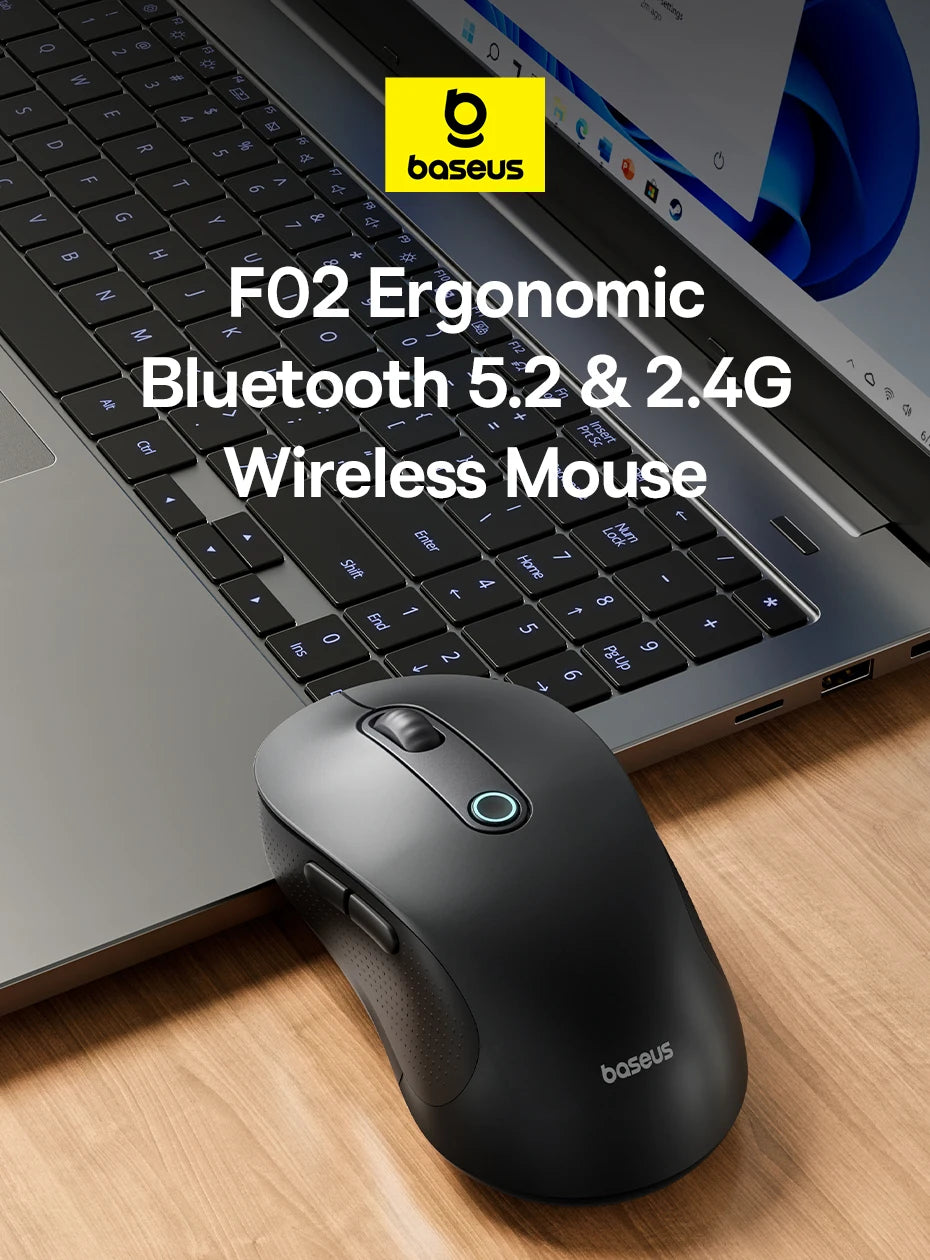 Baseus F02 Ergonomic Wireless Mouse with Bluetooth 5.2, 2.4G, 4000 DPI & 7 Silent Buttons
