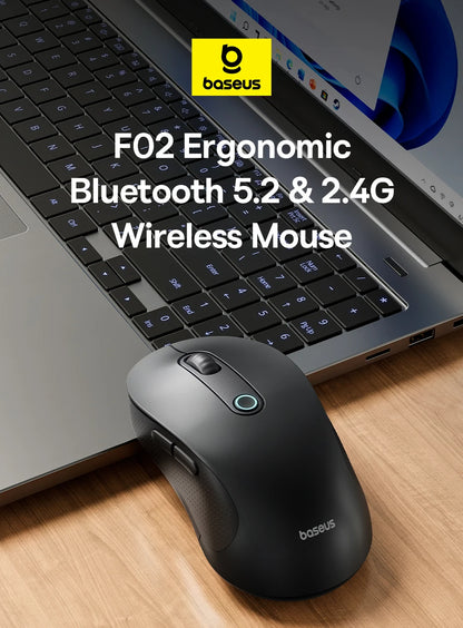 Baseus F02 Ergonomic Wireless Mouse with Bluetooth 5.2, 2.4G, 4000 DPI & 7 Silent Buttons