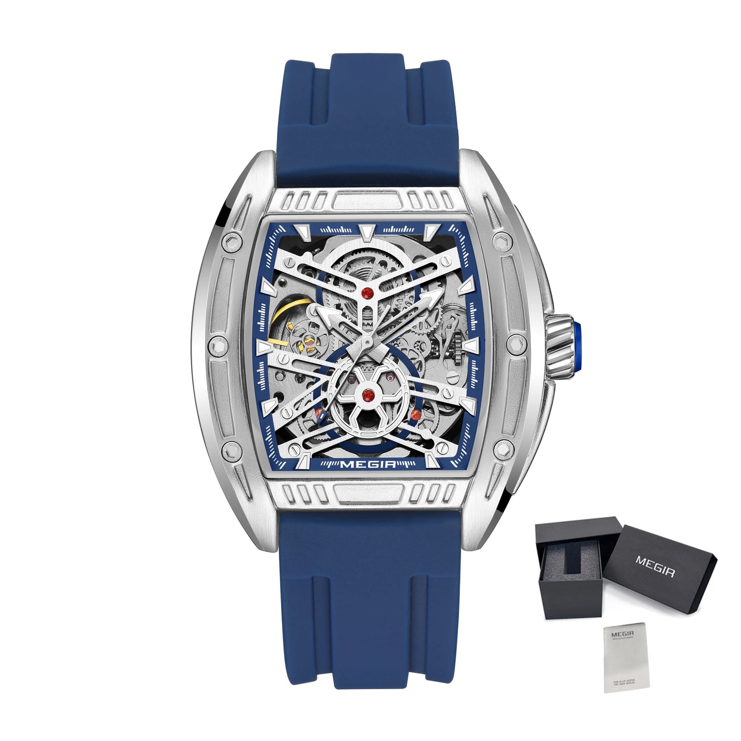 2026 Men's Automatic Mechanical Watch with Stainless Steel Case Silicone Band Skeleton Dial Waterproof Sport Wristwatch
