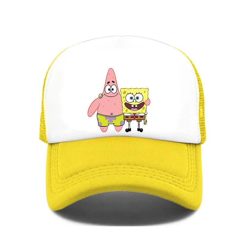 Módní roztomilá kšiltovka s potiskem SpongeBob, kreslená, pro muže i ženy, letní sluneční síťovaná čepice, anime, nastavitelná sluneční clona, golfová čepice, trucker čepice