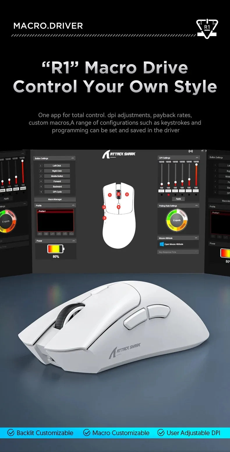 Attack Shark R1 Wireless Gaming Mouse, Tri-Mode Bluetooth Gaming Mouse with PAW3311 Sensor, 18000 DPI, 1000Hz Polling Rate, Rechargeable Ergonomic Gaming Mouse