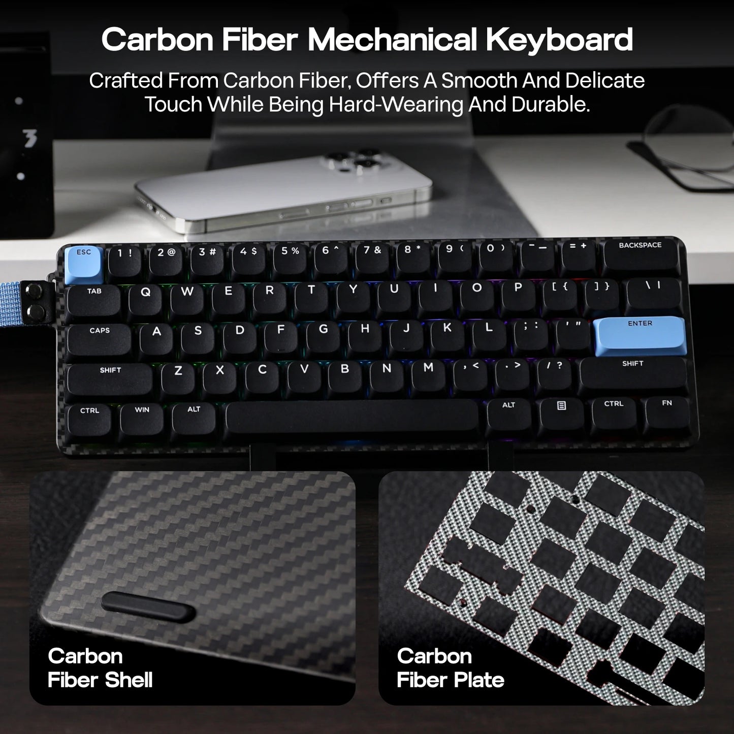 EPOMAKER Carbon60 60% QMK/VIA ANSI VIA Wired/Bluetooth 5.0/2.4GHz Wireless Portable Mechanical Keyboard Carbon Fiber Case
