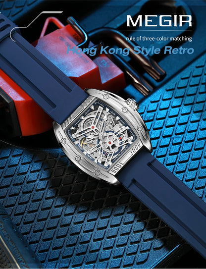 2026 Men's Automatic Mechanical Watch with Stainless Steel Case Silicone Band Skeleton Dial Waterproof Sport Wristwatch