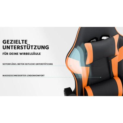 Ergonomic Gaming Chair with Lumbar Support, Adjustable PU Leather Computer Chair, Reclining Office Gaming Chair with Footrest, Black Orange