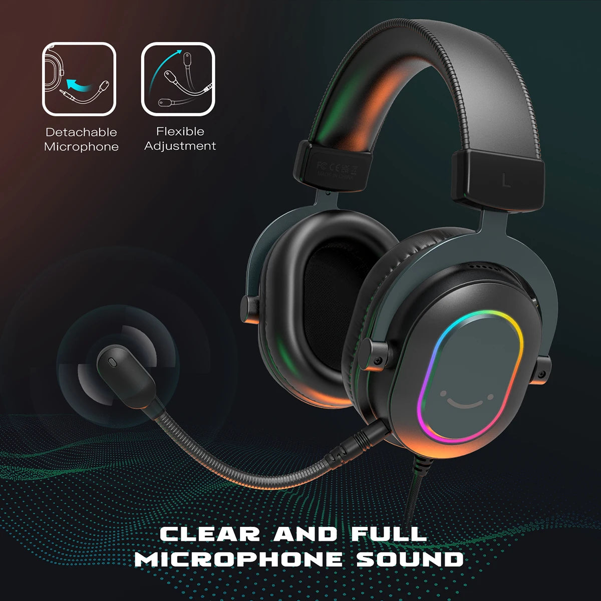 Auriculares gaming FIFINE RGB con micrófono – auriculares con cable circumaurales con sonido envolvente 7.1 para PC, PS4 y PS5 con 3 modos de ecualización