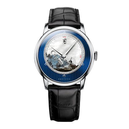 PONIGER Sapphire Crystal Glass Wrist Watch Painting Dial Man Leather Automatic Wristwatch MIYOTA 8219