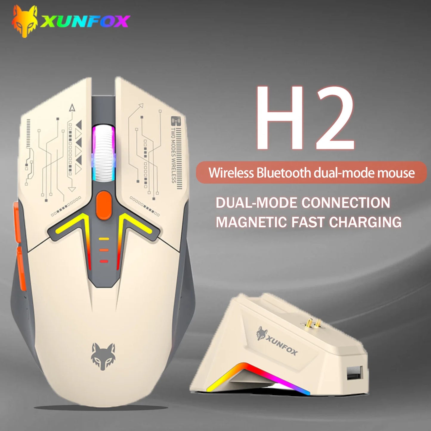 XUNSVFOX H2 trådlös Bluetooth-mus med dubbla lägen, RGB-belysning, för laptop, gaming och kontor, magnetisk laddning