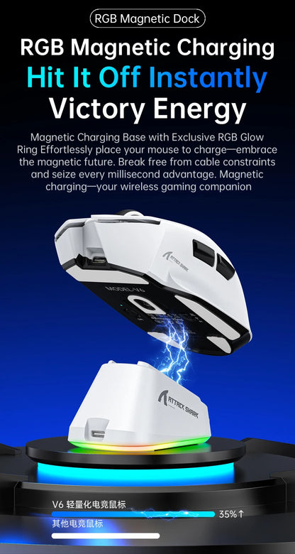 ATTACK SHARK V6 Wireless Gaming Mouse, Superlight RGB Gaming Mouse with Magnetic Charging Dock, PAW3311 Sensor, Tri-Mode Bluetooth Gaming Mouse