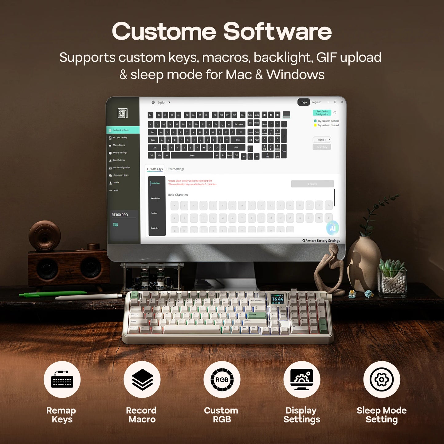 EPOMAKER RT100 PRO 100% ANSI US Layout Gasket Wired/Bluetooth/2.4Ghz Wireless Mechanical Keyboard 1.54” Screen & Volume Knob