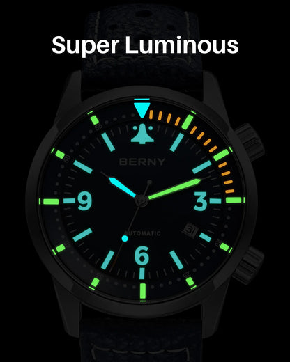 BERNY Men's Automatic Diver Watch Supper Luminous Sapphire AR Coated MlYOTA 8215 Leather Strap Mechanical Diving Watches for Men