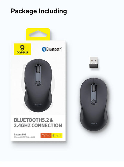 Baseus F02 Ergonomic Wireless Mouse with Bluetooth 5.2, 2.4G, 4000 DPI & 7 Silent Buttons
