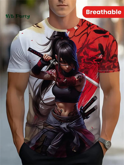 Sakura Samurai Pattern Men's T-Shirt Japanese Anime Short Sleeve T-Shirt Harajuku Tops Summer Men's Oversized Casual Clothing