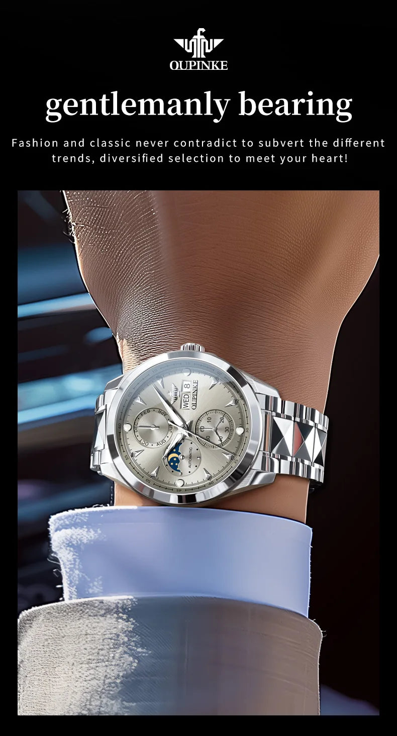 OUPINKE 3299 Automatic Man Watch Exclusive Dual Calendar Luxury Mechanical Wristwatches Moon Phase Waterproof Chronogprah Watch