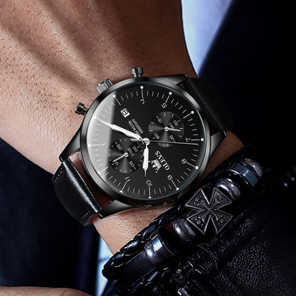 Zegarek męski OLEVS 2880 – elegancki i minimalistyczny chronograf, skórzany pasek, automatyczne wyświetlanie daty, wodoodporny, luminescencyjne wskazówki, mechanizm kwarcowy.