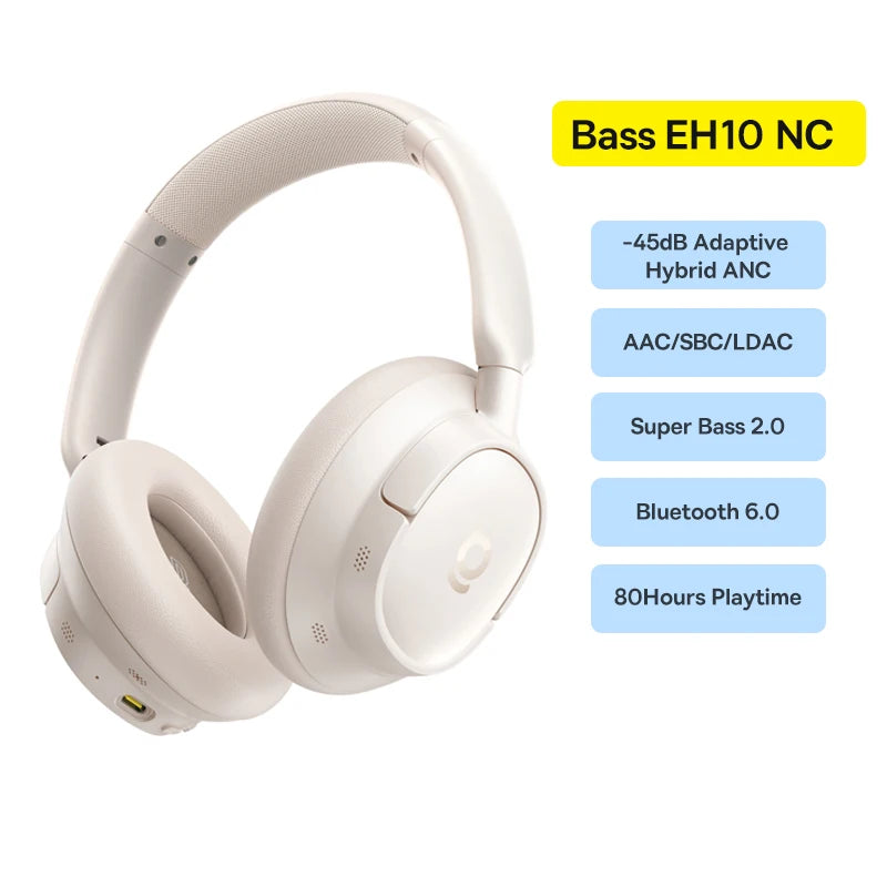 Baseus Bass EH10 NC Noise Cancelling Wireless Headphones Bluetooth 6.0 Over Ear Headset with 45dB ANC, 80H Battery, Hi-Res Audio & AI Calls