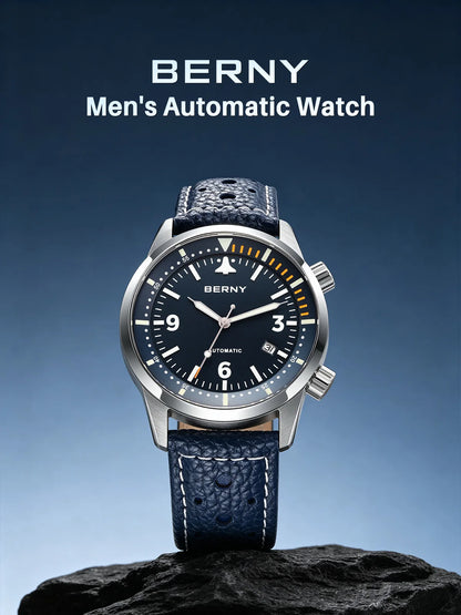 BERNY Men's Automatic Diver Watch Supper Luminous Sapphire AR Coated MlYOTA 8215 Leather Strap Mechanical Diving Watches for Men
