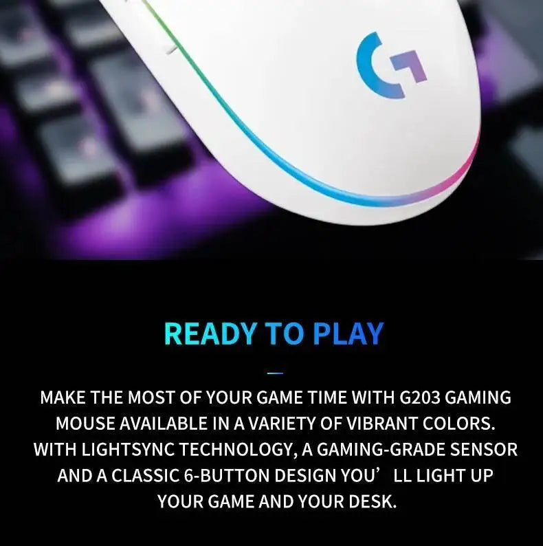 Logitech G203 LIGHTSYNC Wired Gaming Mouse 8000 DPI RGB Sensor, 6 Buttons Mechanical Tensioning USB Mouse for Gaming & Office