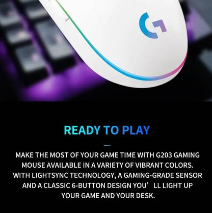 Logitech G203 LIGHTSYNC Wired Gaming Mouse 8000 DPI RGB Sensor, 6 Buttons Mechanical Tensioning USB Mouse for Gaming & Office