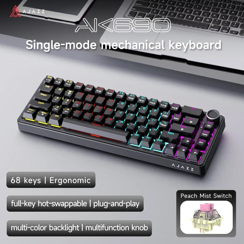AJAZZ AK690 Clavier mécanique à 65 %, toutes les touches remplaçables à chaud, filaire USB Plug-and-Play, rétroéclairage mixte, 68 touches, clavier gaming pour ordinateur portable et PC