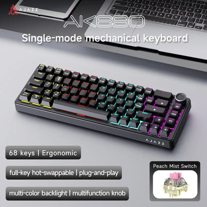 AJAZZ AK690 Clavier mécanique à 65 %, toutes les touches remplaçables à chaud, filaire USB Plug-and-Play, rétroéclairage mixte, 68 touches, clavier gaming pour ordinateur portable et PC
