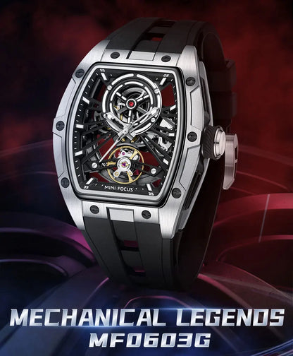 MINI FOCUS Men's Wristwatch Fashion Black Waterproof Automatic Mechanical Watch with Luminous Hands Silicone Strap Tonneau Dial