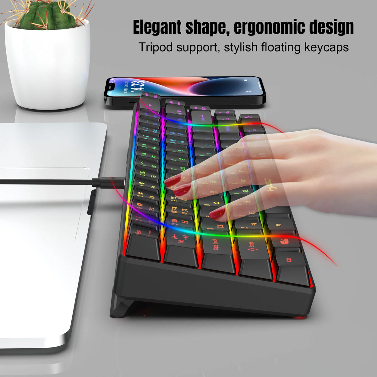 Hot sale HXSJ V200 65% Korean gaming Keyboard, 68-Key RGB Backlit Wired office membrane Keyboard for Desktop PC and Laptops