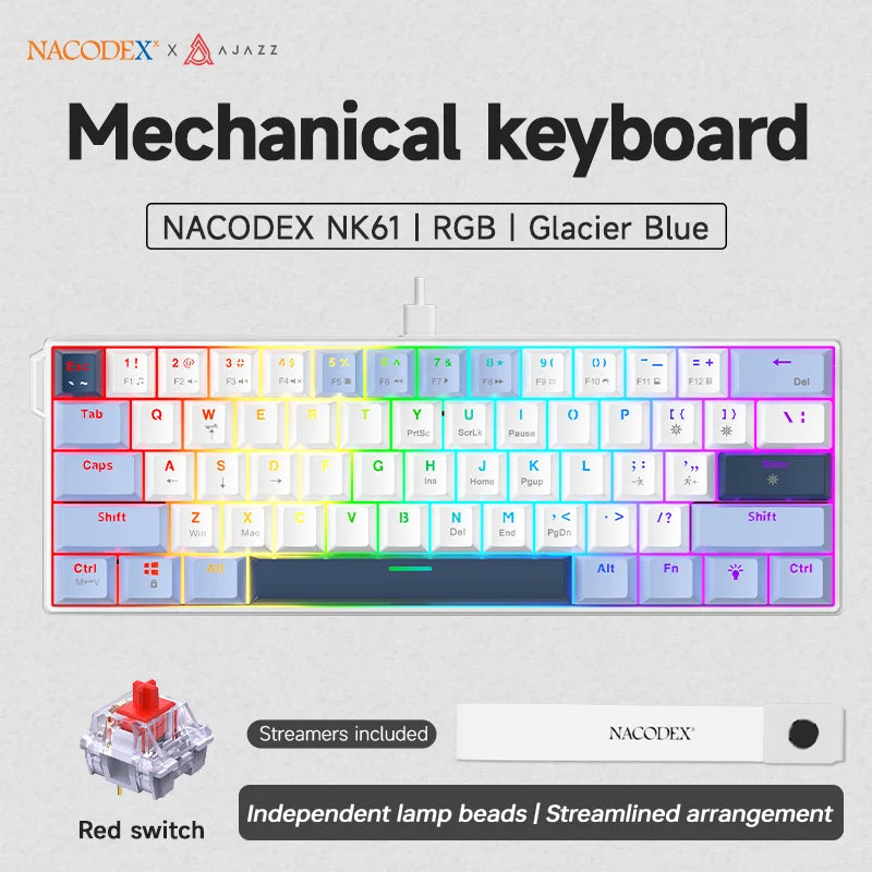 AJAZZ NK61 kabelgebundene mechanische Gaming-Tastatur 60% RGB Hot-Swappable 61 Tasten Red Switch Mini-Tastatur für Gamer-PC