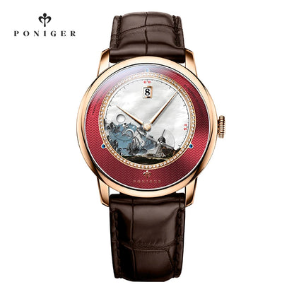 PONIGER Sapphire Crystal Glass Wrist Watch Painting Dial Man Leather Automatic Wristwatch MIYOTA 8219