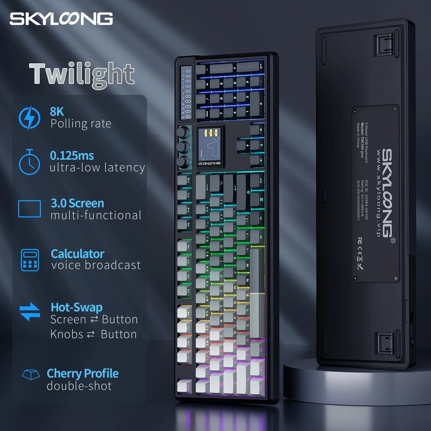 SKYLOONG GK104 Pro Wireless Mechanical Keyboard, 104-Key Custom Hot-Swappable RGB Gaming Keyboard with LCD Screen, Triple Mode Bluetooth/2.4G/USB-C Mechanical Keyboard