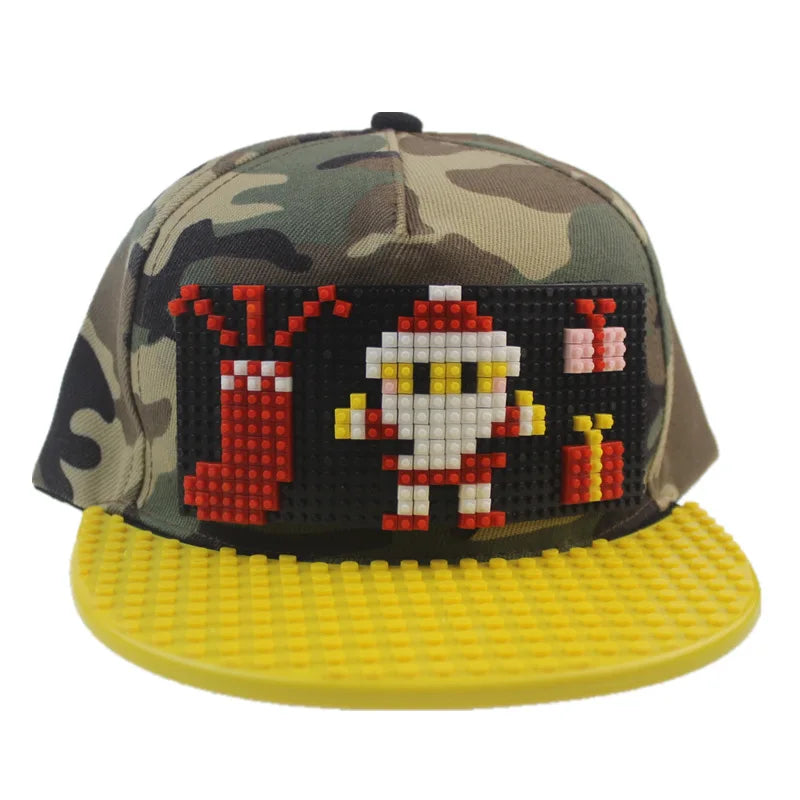 Tegneserie-patchwork-baseballkasketter, DIY-blokke, snapback-kasketter, hiphop-kasketter til mænd og kvinder, aftagelige pixel-kasketter, dad hats, kasketter til børn og voksne