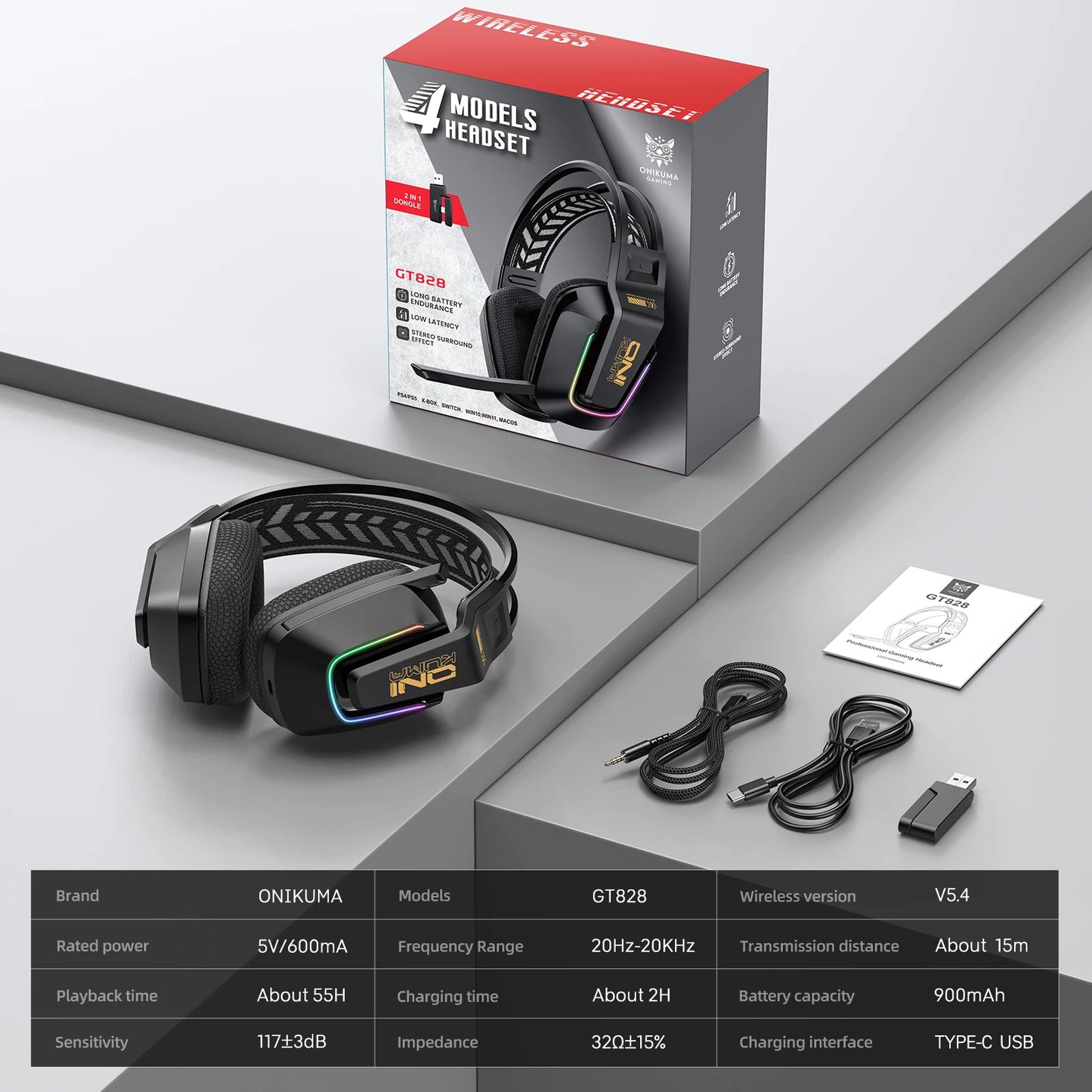 ONIKUMA GT828 Wireless Gaming Headset Bluetooth 5.3 RGB Headphones with Mic, Noise Cancelling, 4-Mode Connection for PC, PS5 & Laptop