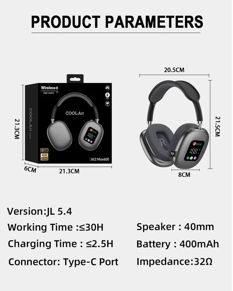 Wireless Bluetooth Headset with RGB Digital Display, Card Reader, Long Battery Life, HiFi Sound & Noise Reduction Earphones