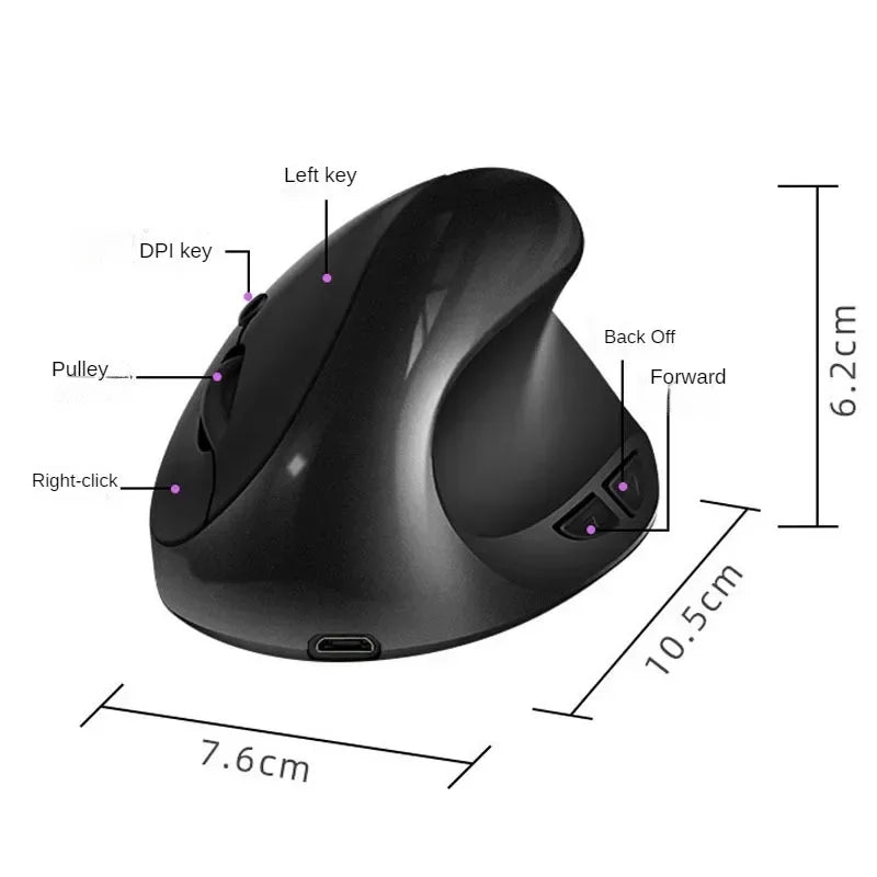 BTS-908 Ergonomic Wireless Mouse, Rechargeable Vertical Wireless Mouse with 2.4GHz USB Receiver, 1600 DPI Adjustable, 6-Button Ergonomic Mouse for Office & Laptop