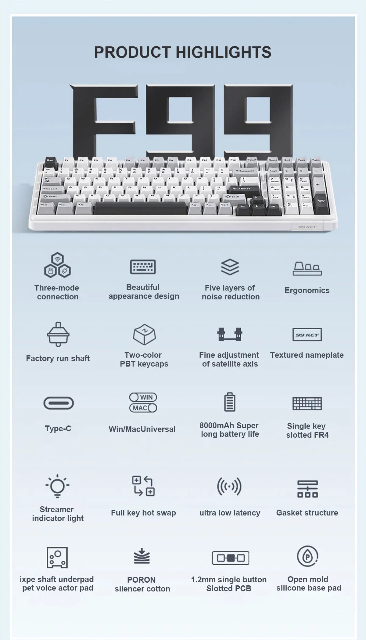 AULA F99 Wireless Mechanical Keyboard Tri-Mode Hot Swappable Custom Keyboard Gasket Structure for PC/Tablet/Xbox/PS4/PS5