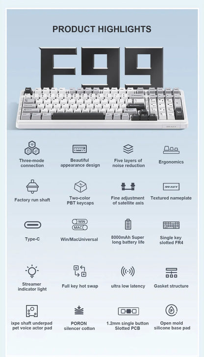 AULA F99 Wireless Mechanical Keyboard Tri-Mode Hot Swappable Custom Keyboard Gasket Structure for PC/Tablet/Xbox/PS4/PS5