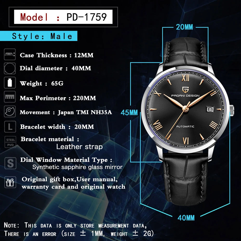 PAGANI DESIGN New NH35 Pilot Men Mechanical Watch Top Brand Sapphire Glass Automatic Watch 100M Waterproof Stainless Steel Watch