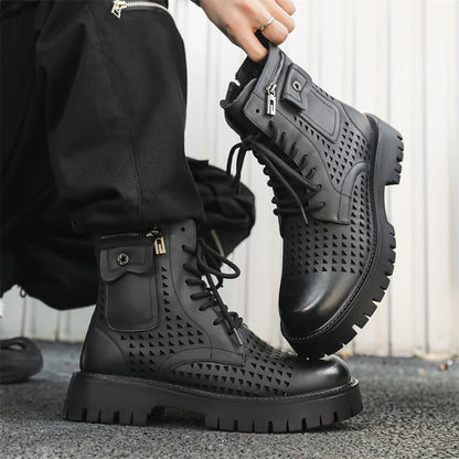 Non-Slip Men's High Top Casual Leather Shoes Street Style Motorcycle Boots New Stylish Ankle Boots Thick Bottom Walking Footwear