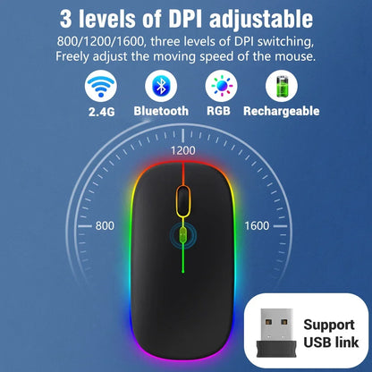 Ladattava langaton hiiri kahdella yhteystilalla, Bluetooth-yhteensopiva 2.4G USB -tietokonehiiri kannettavalle, iPadille, tabletille ja pelikäyttöön