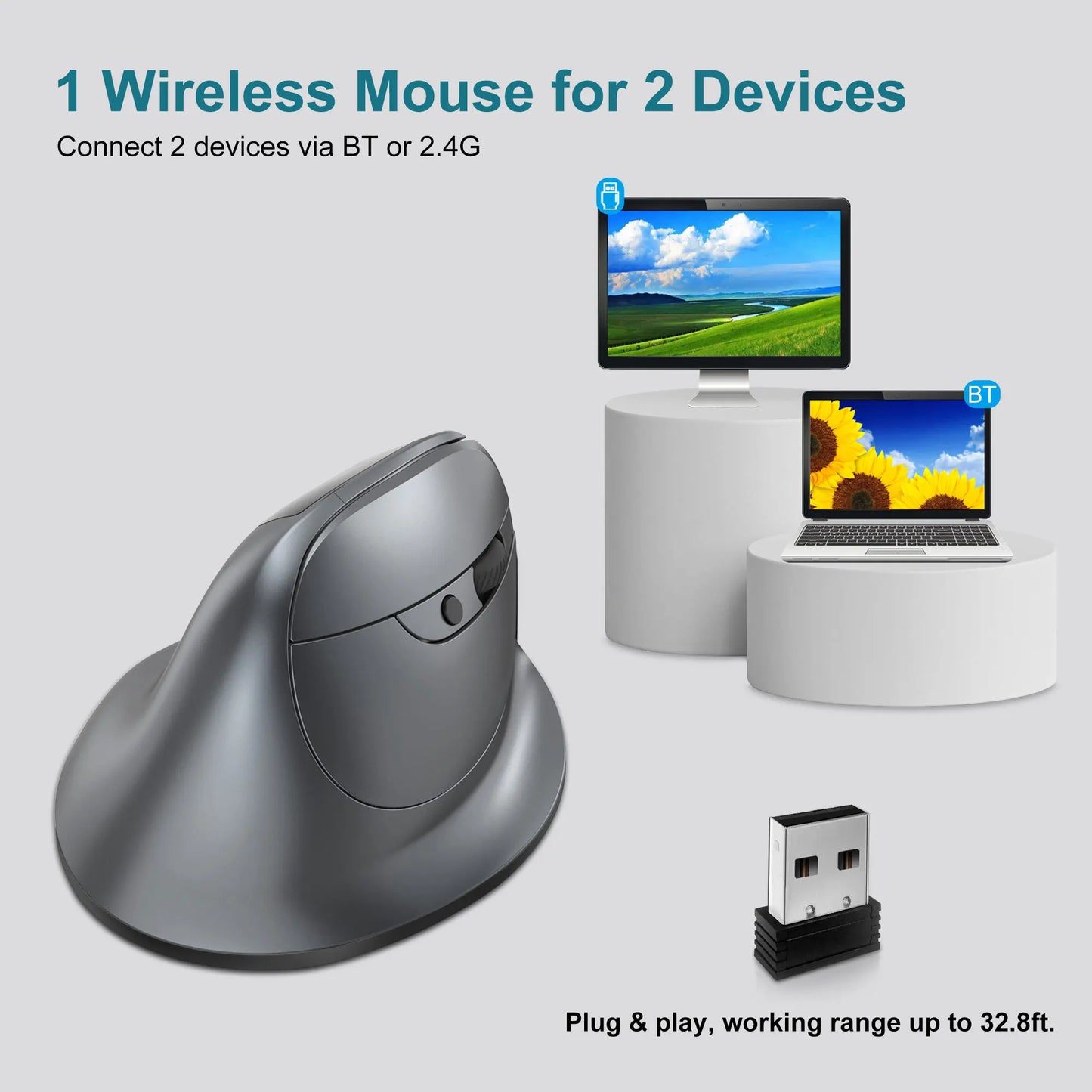 Lefon F26C Vertical Wireless Ergonomic Mouse with OLED Screen, Bluetooth Rechargeable RGB Mouse, 3200 DPI Optical Gaming Mouse for PC & Laptop