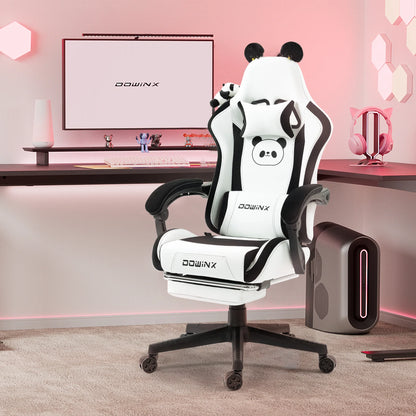 Uroczy fotel gamingowy z kocimi uszami i podnóżkiem, różowy fotel komputerowy kawaii, ergonomiczne siedzisko dla gracza z wysokim oparciem i podparciem lędźwiowym w kształcie kociej łapki