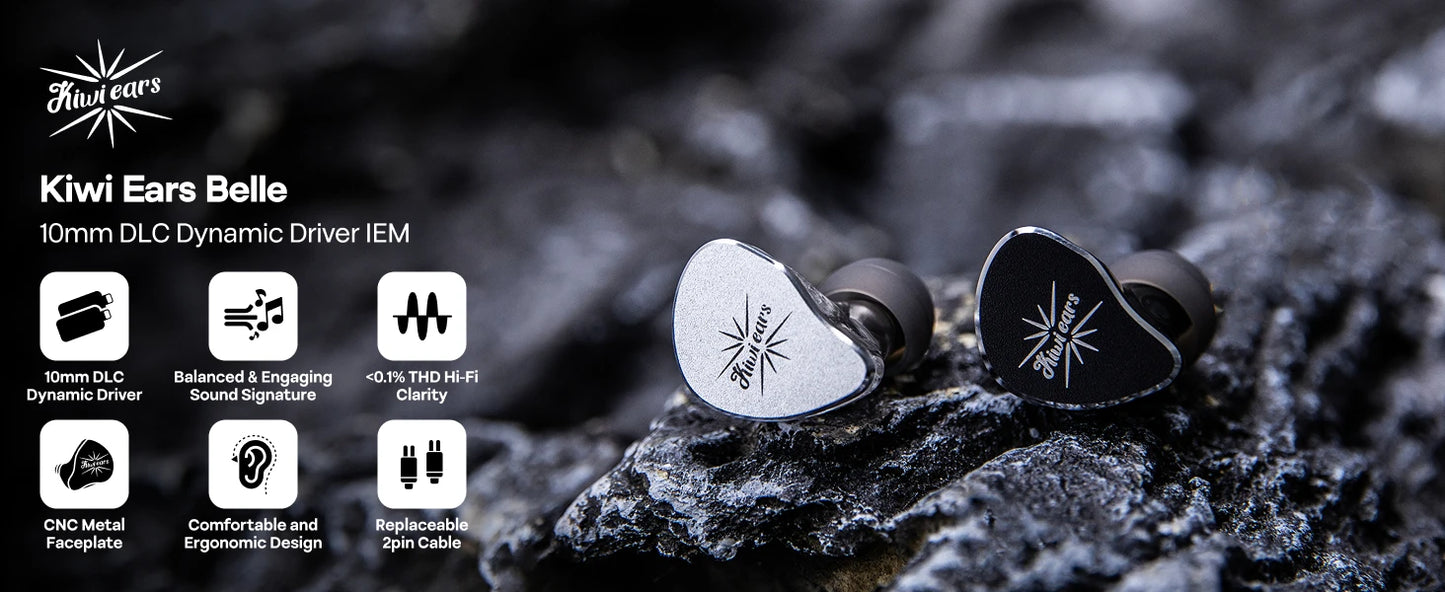 Linsoul Kiwi Ears Belle HiFi IEM Earphones 10mm DLC Dynamic Driver Wired In-Ear Monitors with Premium Sound Signature
