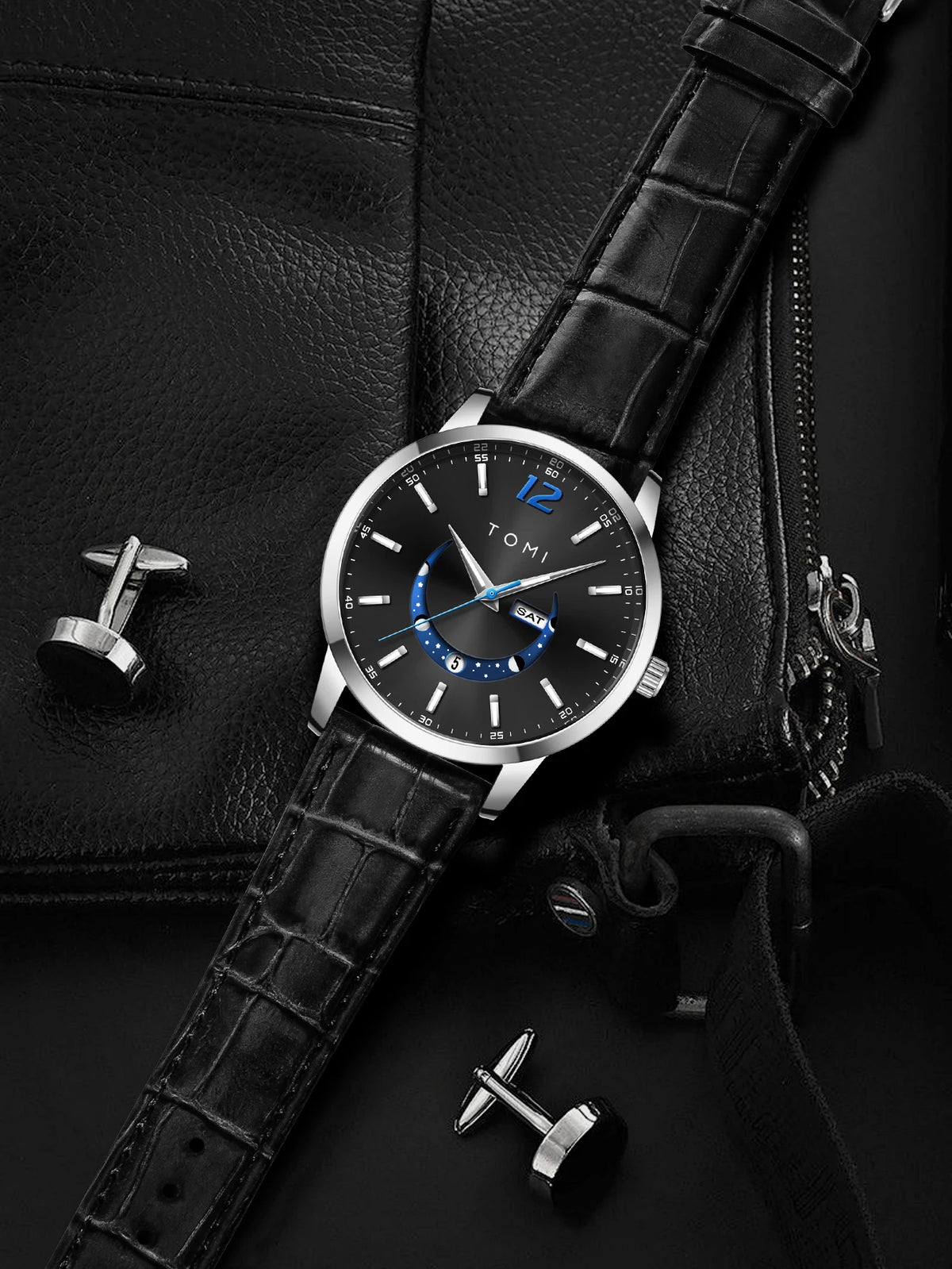 TOMI quartz watch, business-style and elegant, with a leather strap, alloy case and analogue dial – High-end design, a gift idea for men