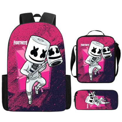 Conjunto Fortnite Cartoon de 3 peças, grande capacidade, adequado para rapazes e raparigas dos 5 aos 8 anos, inclui mochila, lancheira e estojo