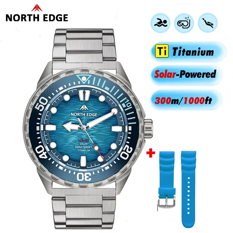 NORTH EDGE TRITON-TI Titanium Stainless Solar-Powered Diving Watch Luxury Quartz Watches For Men 300M Waterproof 180+ Day Power